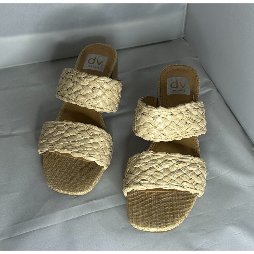 Dolce Vita 2-strap, Braided Stacey Sandals, cream color faux wood 2" heel 7.5